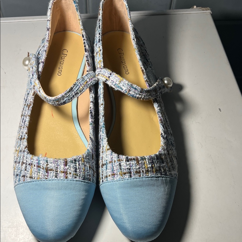 C.Paravano Blue Tweed Flats with Pearl Accent
